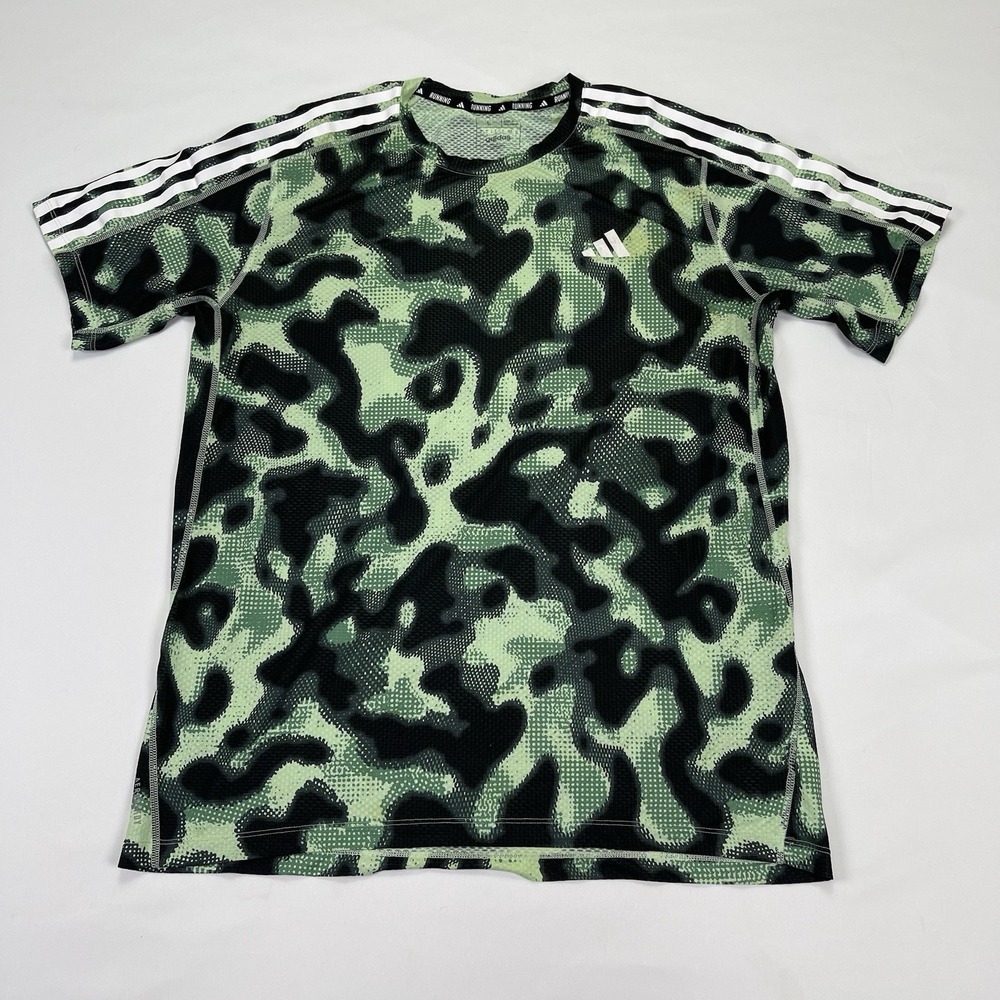 Adidas Men's L Own the Run 3-Stripes Allover Print T-shirt in a green camouflage